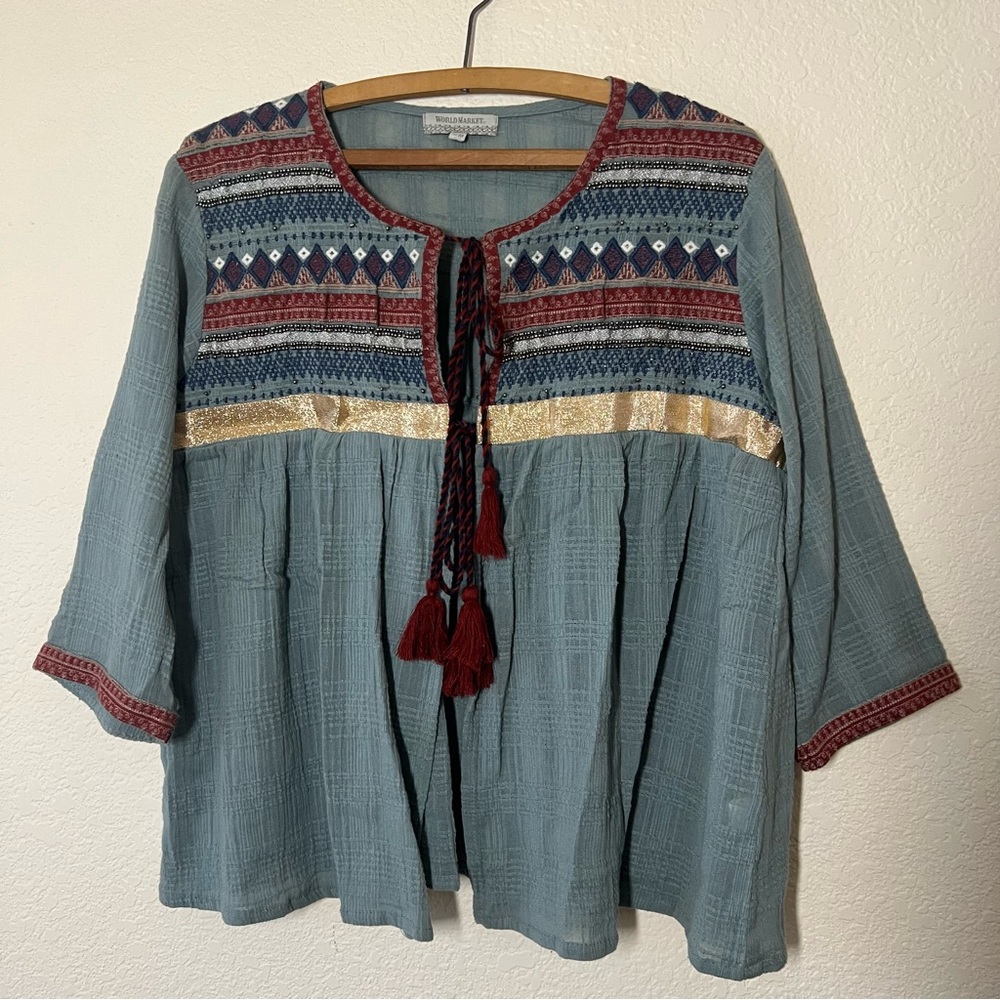 NWOT Womens World Market Tie Front Bohemian Top Blue Small 100% Cotton
